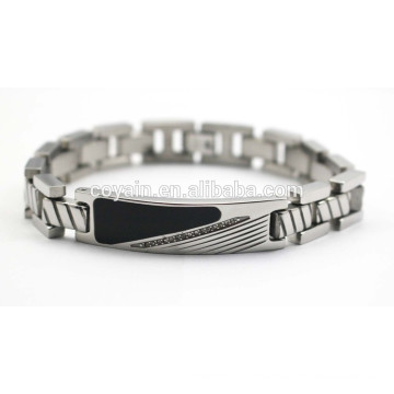 Stainless steel mens chain link black enamel bracelets with crystal